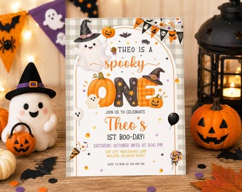 May include: A rectangular Halloween-themed invitation card featuring a white ghost in a witch hat, pumpkins, and the text: Theo is a spooky one, join us to celebrate Theo's 1st boo-day, Saturday, October 26th at 5:00 PM, any city, maplewood lane, boulder, colorado 80302.