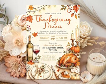 May include: A Thanksgiving dinner invitation card featuring watercolour illustrations of a roasted turkey, wine, pumpkins, and autumn leaves. The text reads: Please Join Us For a Thanksgiving Dinner, Saturday Nov 22 at 4:00 PM, The Smith Family.