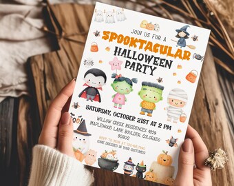 May include: A Halloween party invitation with the text "Join us for a Spooktacular Halloween Party." The invitation features cartoon illustrations of a vampire, a witch, a mummy, and a Frankenstein's monster. The date is Saturday, October 21st at 2 PM.