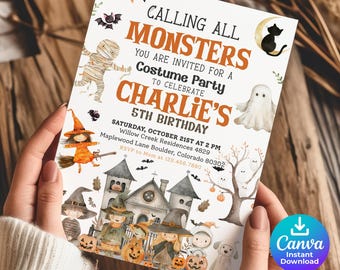 Canvaハロウィン誕生日招待状、ハロウィンパーティー招待状、ハロウィンパーティー招待状、デジタルハロウィン招待状、ハロウィンキッズ招待状