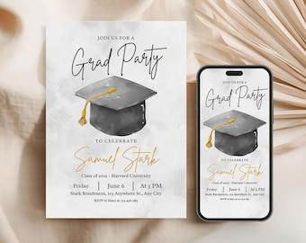 May include: Graduation party invitation featuring a watercolor illustration of a graduation cap with a gold tassel. The invitation includes the text "Join us for a Grad Party" and details for Samuel Stark's graduation from Harvard University.