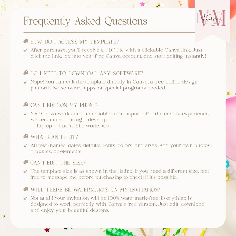 May include: A cream-coloured document titled "Frequently Asked Questions" in a script font. It answers questions about accessing and editing a Canva template, including editing on a phone and size adjustments. The text is in a serif font.