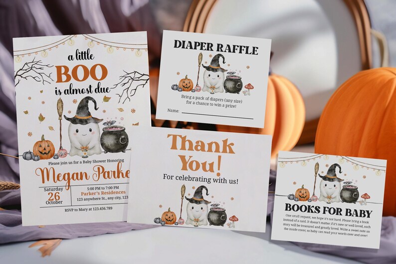 May include: Halloween-themed baby shower stationery featuring a ghost, witch hat, and pumpkin illustrations. The invitation reads "a little BOO is almost due". Other cards include "Diaper Raffle", "Thank You!", and "Books for Baby".