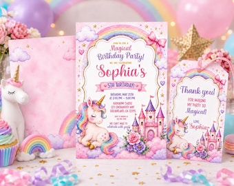 ユニコーンの誕生日招待状、ユニコーンのEvite、レインボーユニコーンの招待状、ユニコーンの招待状、魔法のプリンセス、6歳の誕生日招待状、ユニコーンレインボー