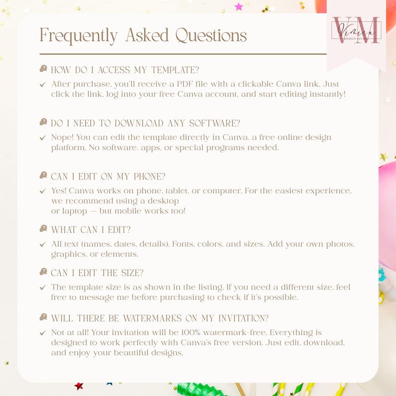 May include: A cream-colored document with the title "Frequently Asked Questions" in a script font. The document answers questions about accessing and editing a template in Canva, including editing on a phone and size adjustments. The text is in a serif font.