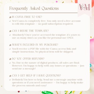 May include: A cream-colored graphic with the title "Frequently Asked Questions" and answers about Canva templates. The text includes information on free usage, template reuse, purchase inclusions, refunds, and support.