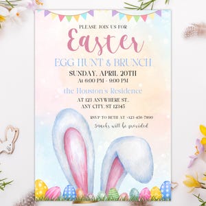 May include: An invitation to an Easter egg hunt and brunch. The invitation features a watercolor illustration of bunny ears and colorful Easter eggs. The text reads "Please join us for Easter Egg Hunt & Brunch Sunday, April 20th at 6:00 PM - 9:00 PM the Houston's Residence at 123 Anywhere St. Any City, ST 12345 RSVP to Beth at -123-456-7890 Snacks will be provided."