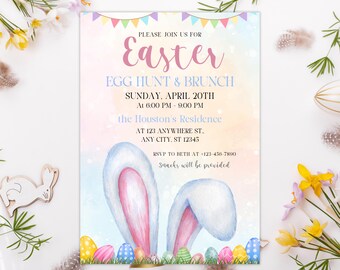 Editable Easter Egg Hunt, Easter brunch invitation, Easter egg hunt invitation, Easter invitation, Bunny invitation, Bunny ears, He is Risen