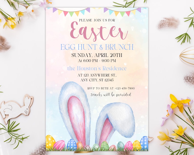 May include: An invitation to an Easter egg hunt and brunch. The invitation features a watercolor illustration of bunny ears and colorful Easter eggs. The text reads "Please join us for Easter Egg Hunt & Brunch Sunday, April 20th at 6:00 PM - 9:00 PM the Houston's Residence at 123 Anywhere St. Any City, ST 12345 RSVP to Beth at -123-456-7890 Snacks will be provided."