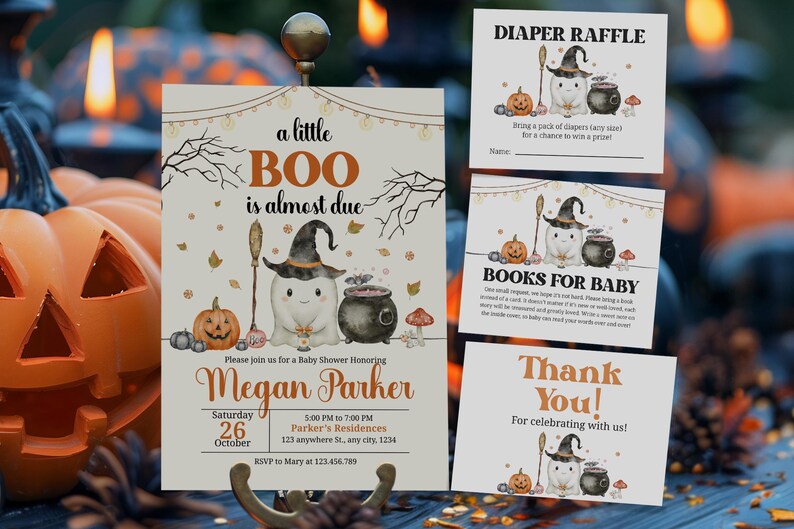 May include: Halloween-themed baby shower invitations and inserts. The main invitation features a ghost wearing a witch hat, with the text "a little BOO is almost due." Additional cards include "Diaper Raffle," "Books for Baby," and "Thank You!"