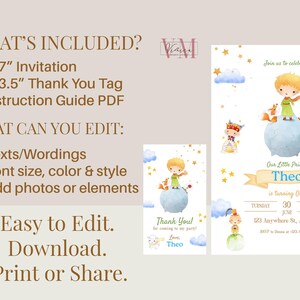 May include: A watercolor-style invitation set for a child's first birthday, featuring a young prince illustration. Includes a 5x7 inch invitation, a 2x3.5 inch thank you tag, and an instruction guide. The invitation text reads "Our Little Prince Theo is turning One."