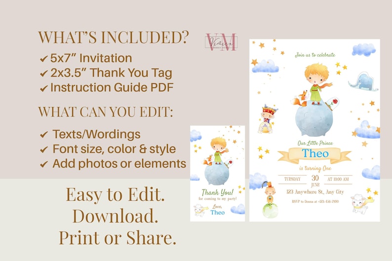 May include: A watercolor-style invitation set for a child's first birthday, featuring a young prince illustration. Includes a 5x7 inch invitation, a 2x3.5 inch thank you tag, and an instruction guide. The invitation text reads "Our Little Prince Theo is turning One."