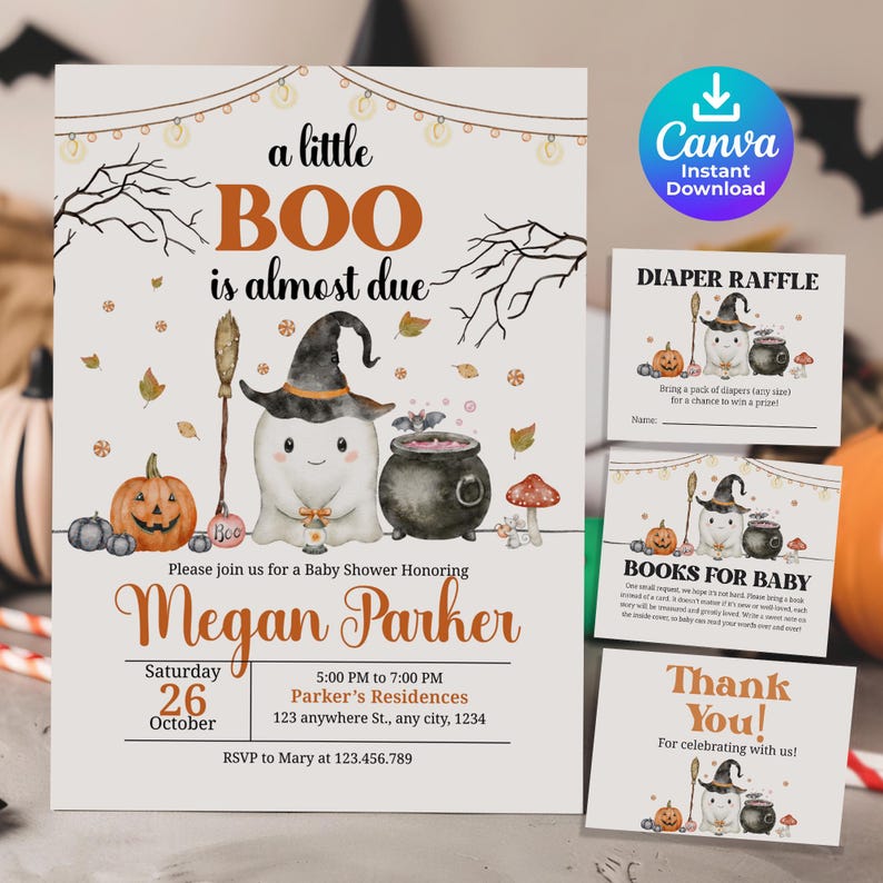 May include: A Halloween-themed baby shower invitation with a watercolour design. The invitation features a ghost wearing a witch's hat, a pumpkin, and the text "a little BOO is almost due." Includes RSVP information and matching inserts.