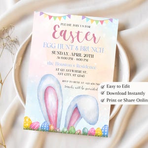 May include: An Easter egg hunt and brunch invitation with a watercolor illustration of bunny ears and colorful eggs. The invitation includes the text "Please join us for Easter Egg Hunt & Brunch Sunday, April 20th at 6:00 PM - 9:00 PM the Houston's Residence at 123 Anywhere St. Any City, ST 12345 RSVP to Beth at 123-456-789 Snacks will be provided Easy to Edit Download Instantly Print or Share Online".