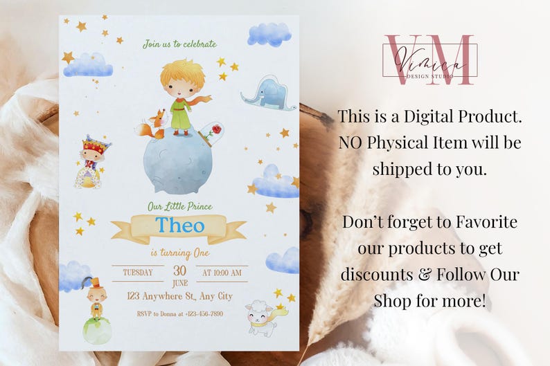 May include: A digital invitation featuring a watercolor illustration of a little prince on a planet, with a fox, stars, and clouds. The invitation is for a first birthday, with the name "Theo" and event details.