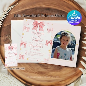 Convite de aniversário com laço rosa editável Coquette Convite de aniversário com laço rosa Lembrancinhas para chá de bebê Cartão de primeiro aniversário Convite para primeiro aniversário