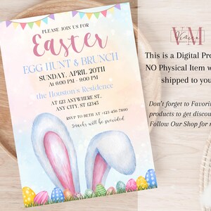 May include: An invitation to an Easter egg hunt and brunch. The invitation features a watercolor illustration of two bunny ears with pastel pink and blue colors. The text on the invitation reads "Please join us for Easter Egg Hunt & Brunch Sunday, April 20th at 6:00 PM - 9:00 PM the Houston's Residence at 123 Anywhere St., Any City, ST 12345 RSVP to Beth at 123-456-7890 Snacks will be provided."