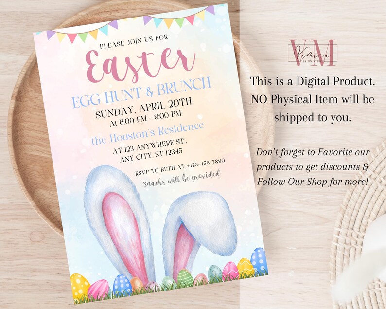 May include: An invitation to an Easter egg hunt and brunch. The invitation features a watercolor illustration of two bunny ears with pastel pink and blue colors. The text on the invitation reads "Please join us for Easter Egg Hunt & Brunch Sunday, April 20th at 6:00 PM - 9:00 PM the Houston's Residence at 123 Anywhere St., Any City, ST 12345 RSVP to Beth at 123-456-7890 Snacks will be provided."