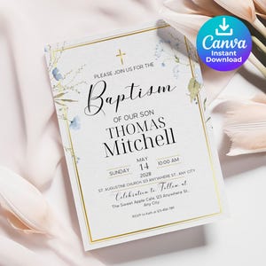 Baptism invitation, Baptism invite, Christening invite, Baby boy baptism invitation, Baptism invitation template, Blue baptism invitation
