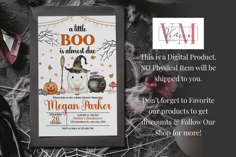 May include: A Halloween-themed baby shower invitation. The design includes a cartoon ghost in a witch's hat, a pumpkin, and a cauldron. The text reads "a little BOO is almost due" and provides event details.