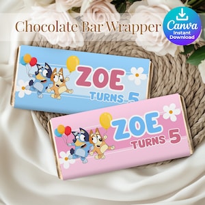 Bluey Chocolate Bar Wrapper 5th birthday Chocolate Wrapper Template Choco Bar Party Favours 5th Birthday Mini Chocolate Babyshower Favors