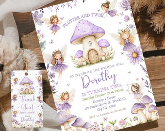 May include: A birthday invitation and matching tag featuring a whimsical fairy theme. The invitation has a purple mushroom house, fairies, and the text "Flutter and Twirl". The tag says "Thank You! fairy much! Love Dorothy".