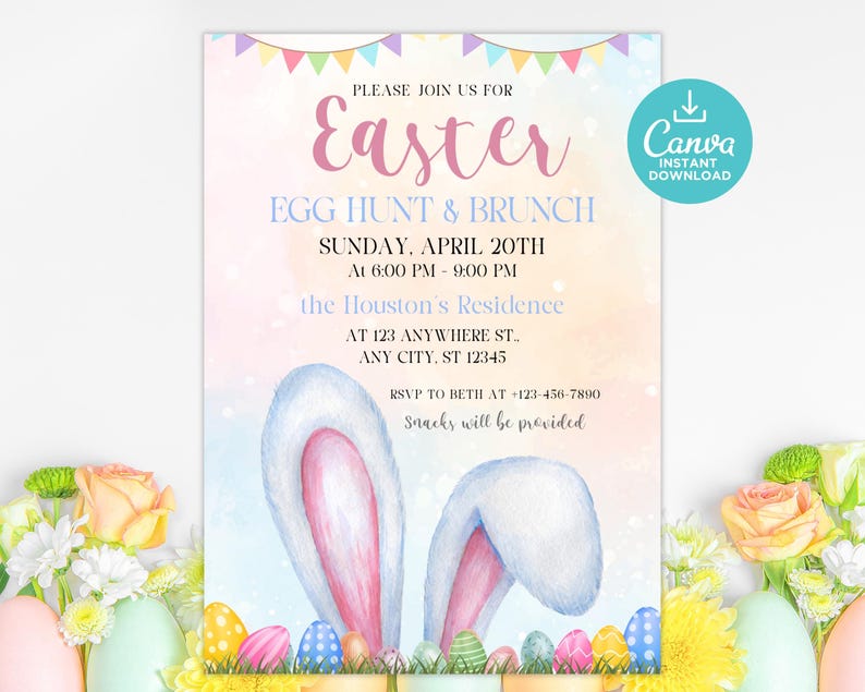 May include: An Easter invitation with a pastel background and watercolor bunny ears. The text reads "Please join us for Easter Egg Hunt & Brunch Sunday, April 20th at 6:00 PM - 9:00 PM the Houston's Residence at 123 Anywhere St. Any City, ST 12345 RSVP to Beth at -123-456-7890 Snacks will be provided".