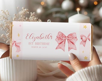 ピンクのリボン付きチョコレートバーラッパー 1歳の誕生日チョコレートラッパーテンプレート パーティーの記念品 1歳の誕生日ミニチョコレート ベビーシャワーの記念品 Canva