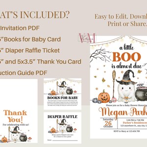 May include: Halloween-themed baby shower invitation set. Includes a 5x7 inch invitation, books for baby card, diaper raffle ticket, thank you card, and instruction guide. Features a ghost with a witch hat, pumpkin, and cauldron.
