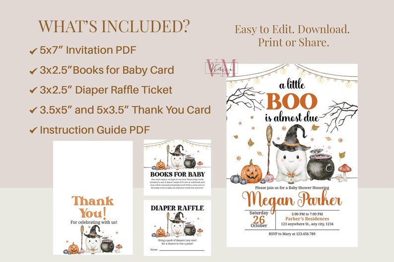 May include: Halloween-themed baby shower invitation set. Includes a 5x7 inch invitation, books for baby card, diaper raffle ticket, thank you card, and instruction guide. Features a ghost with a witch hat, pumpkin, and cauldron.