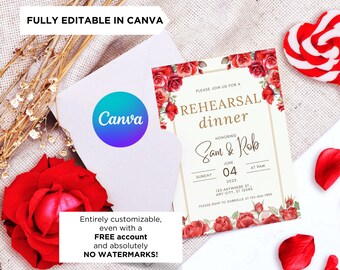 May include: A printable rehearsal dinner invitation with a watercolor floral design featuring red roses. The invitation is for a rehearsal dinner honoring Sam & Rob on Sunday, June 4th, 2025 at 9 PM. The invitation includes the address and RSVP information.