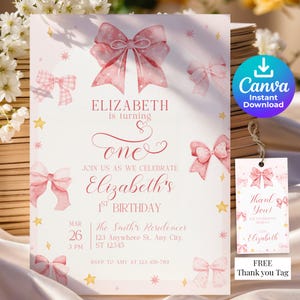 Convite de aniversário com laço rosa editável Coquette Convite de aniversário com laço rosa Lembrancinhas para chá de bebê Cartão de primeiro aniversário Convite para primeiro aniversário