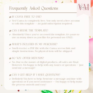 May include: A cream-coloured graphic with the title "Frequently Asked Questions" and bulleted answers about Canva templates. The text includes information on free usage, template reuse, purchase inclusions, refunds, and support.