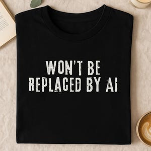Op de afbeelding: Zwart T-shirt met de witte tekst "WON'T BE REPLACED BY AI". Het shirt is op een beige oppervlak gevouwen, met een boek, een kopje koffie en een kaars op de achtergrond. Het shirt heeft een ronde hals.