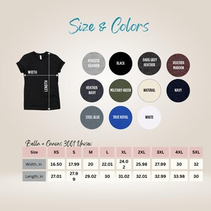 May include: A black t-shirt with size and color options. The image shows a size chart with measurements in inches for various sizes, including XS to 5XL. Color options include Athletic Heather, Black, Dark Grey Heather, and more.
