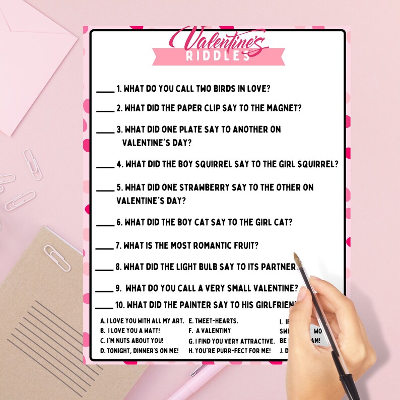 Valentine's Day Riddle Quiz Instant Download Activity Delightful, Lovethemed Puzzles for