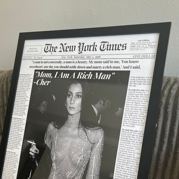 Mom I am a rich man, Cher Newspaper Poster, Black and White, Digital Download poster 18x24 in