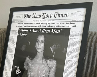 Mom I am a rich man, Cher Newspaper Poster, Black and White, Digital Download poster 18x24 in