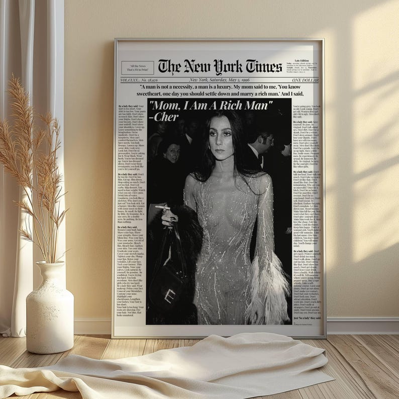 Cher 'rich Man' Newspaper Poster: Black & White NYT Style (digital ...