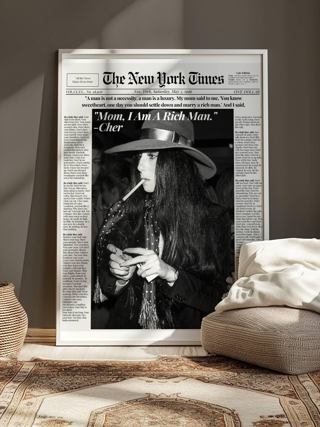 Mom I Am a Rich Man, Cher Newspaper, Black and White, Digital Download ...