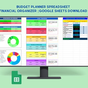 Budgetplaner, Google Sheets, 50/30/20, wiederkehrende Rechnungen, Ausgabenverfolgung, Grafiken & Diagramme, Forecast-Rechner, Einkommensziele, Dropdowns