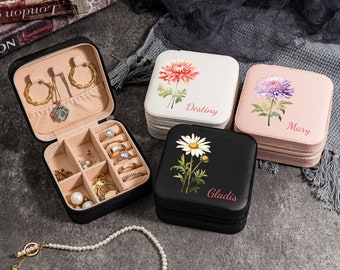 Geburtsblume Schmuck Reisebox, Geburtsmonat Blumengeschenk, personalisiertes Geburtstagsgeschenk, Geschenk für sie, benutzerdefinierte Schmuckschatulle, Brautjungfer Geschenke