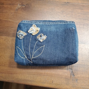 Denim, zippered pouch/cosmetics bag with roses