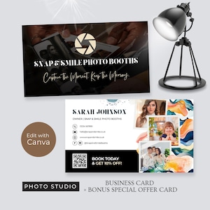 May include: A business card and bonus offer card for Snap & Smile Photo Booths. The business card features the owner's name, contact information, and a QR code. The offer card says "Book Today & Get 10% Off!" The cards have photos and watercolor art.