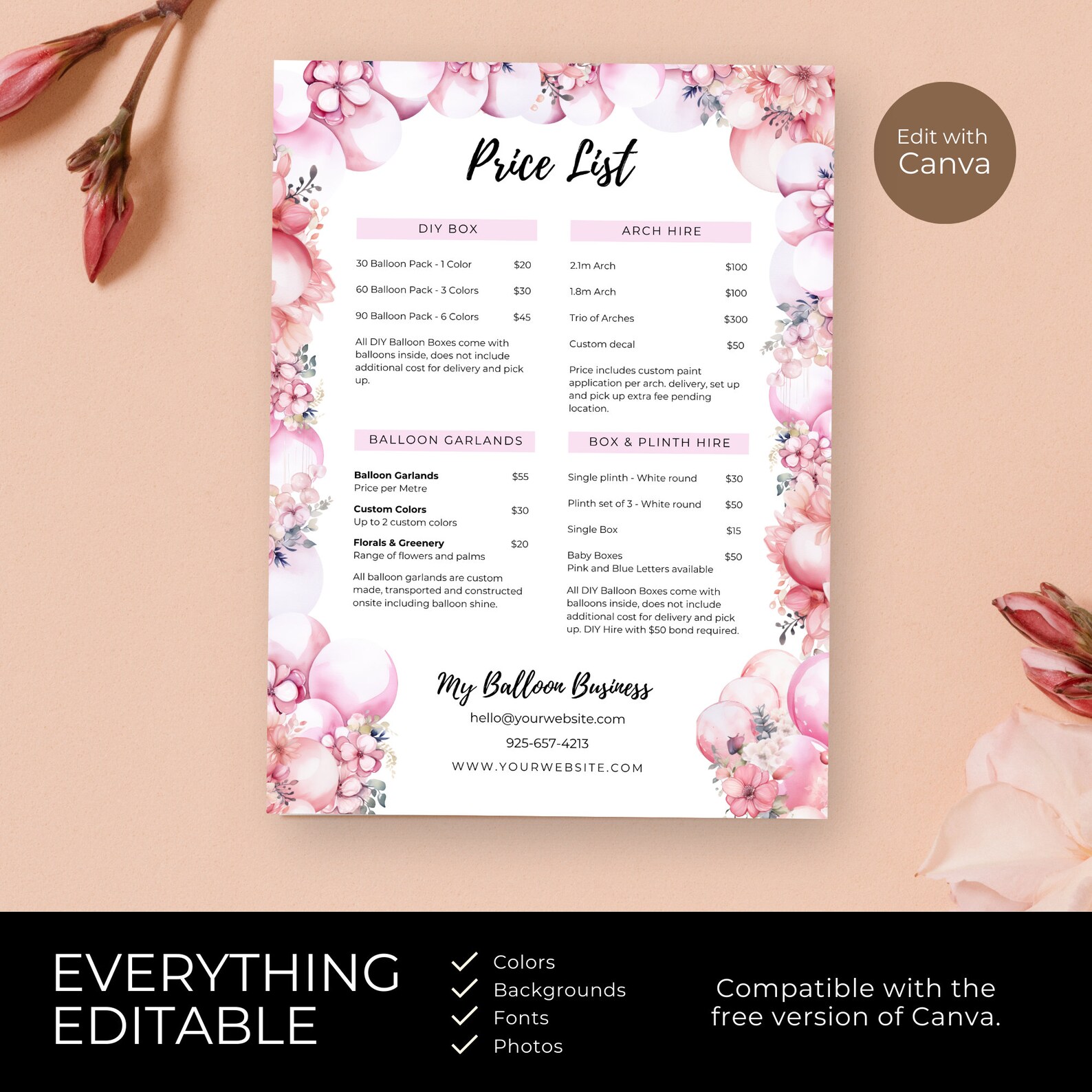 Balloon Business Price List Canva Template, Balloon Services Blush Pink ...