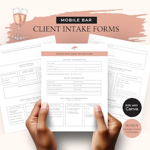 Mobile Bar Business Client Intake Form, Event Information Canva Template, Pop-up Cocktail Cart Google Form, Editable Bartending Sheets, RB7