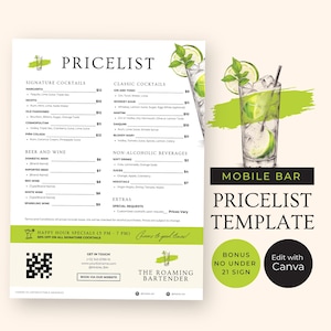 Modelo de lista de preços de bar móvel, menu de bar personalizável, menu de bebidas de bar de coquetéis, preços de barman pop-up, placa de proibido beber para menores de 21 anos, RB1