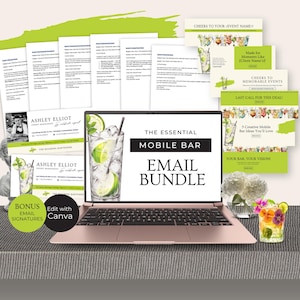 Mobile Bar Business Email Template Bundle, Pop-up Cocktail Cart Email Signatures Canva, Editable Bartending Small Business Marketing, RB1
