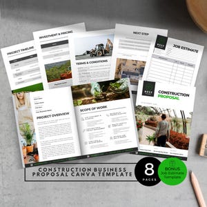Peut inclure: Ensemble de modèles de propositions commerciales de construction. Les documents comprennent des sections pour les calendriers de projet, les investissements et les prix, les conditions générales, les aperçus de projet et l'étendue des travaux. Le modèle comprend un modèle de devis bonus et fait 8 pages.