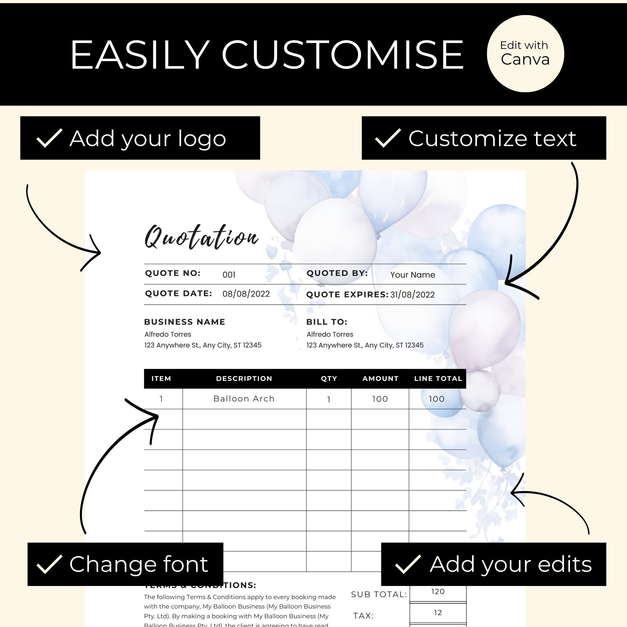 Balloon Artist Forms A4, Event Receipt, Terms and Conditions Doc, Canva ...